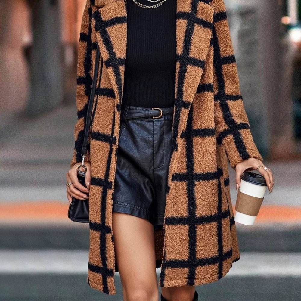 Black And Brown Preppy Womens Teddy Coat - Picture 4 of 5